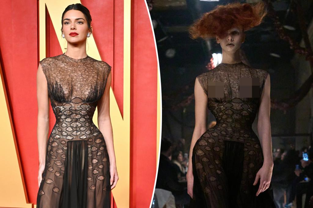 Kendall Jenner sports sheer gown and corset at 2024 Vanity Fair Oscars