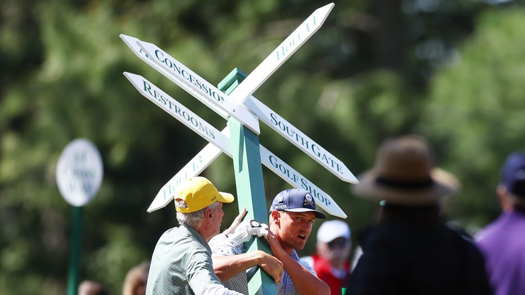 Bryson DeChambeau rips sign out of ground before shot at Masters
